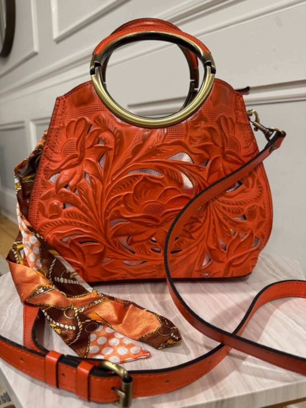 Patricia Nash Bag Aria Double Ring Orange Leather Floral Laser Cut Crossbody - Picture 3 of 16